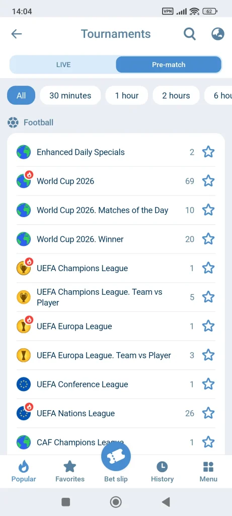 1xBet App sports line and match markets