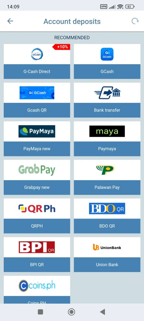 1xBet App deposits and payments screen